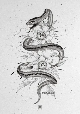 Тату-эскиз «Змея и пионы» | Пикабу