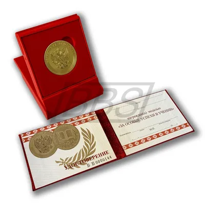 Комплект \"За особые успехи в учении\" I степени (Золотая медаль, футляр  пластиковый, Удостоверение к медали на твердой обложке, номерное,  маленькое) (арт. 61016)