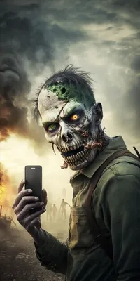Зомби-арафед держит мобильный телефон перед горящим полем, генерирующим  искусственный интеллект | Премиум Фото