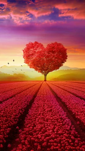 Сердце Обои на телефон дерево в цветочном поле