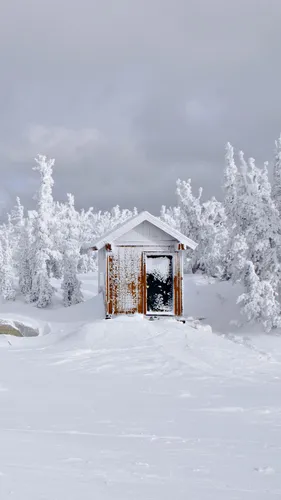 Зима Обои на телефон небольшое здание в снегу