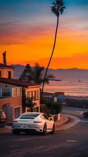 Лос Анджелес Обои на телефон автомобиль, припаркованный на обочине дороги с водоемом на заднем плане