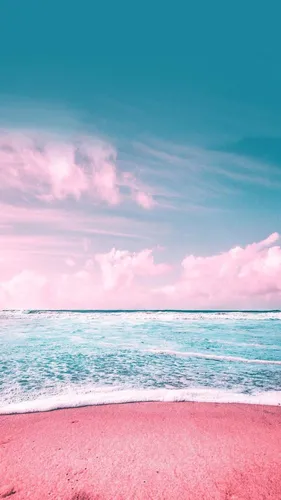Нежно Розовые Обои на телефон пляж с голубой водой и облаками