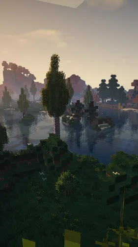Minecraft Обои на телефон водоем с деревьями и зданиями вокруг него
