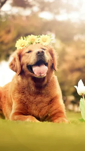 С Собаками Обои на телефон собака с цветами на голове