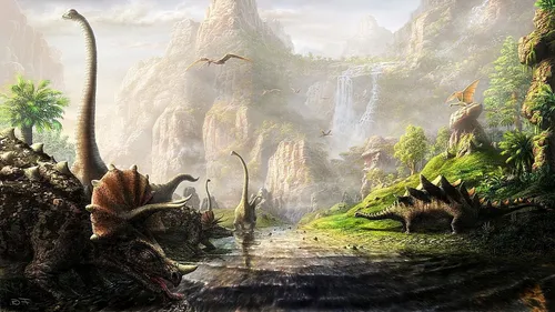С Динозаврами Обои на телефон картина с изображением водопада