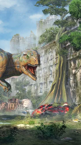 С Динозаврами Обои на телефон статуя динозавра перед зданием с большой росписью