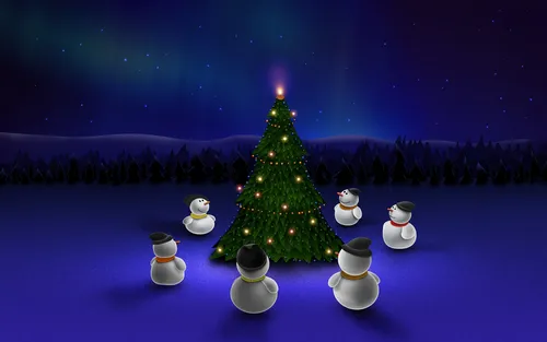 Рождественские Обои на телефон елка со снеговиком и снеговиком перед ней