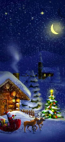 Зимние Новогодние Обои на телефон елка и домик со снеговиком и заснеженным двором
