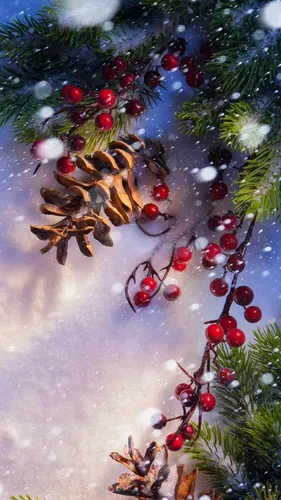 Зимние Новогодние Обои на телефон елка со снегом и ягодами