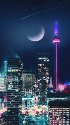 Ночной Город Обои на телефон город с высокими зданиями и луной в небе