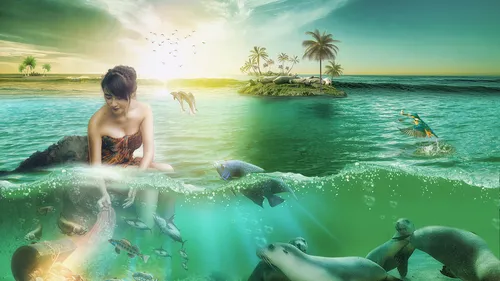 Шен Юэ, 3D Движущиеся Обои на телефон человек в бассейне с группой дельфинов