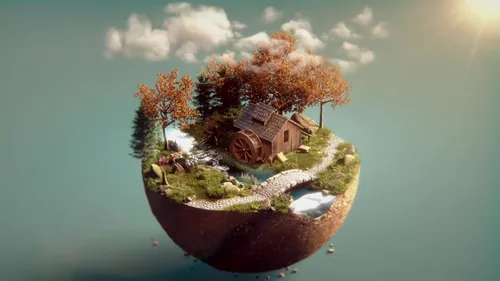 3D Движущиеся Обои на телефон модель дома на скале в окружении деревьев