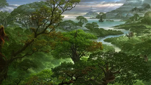 Фентези Обои на телефон пейзаж с деревьями и холмами