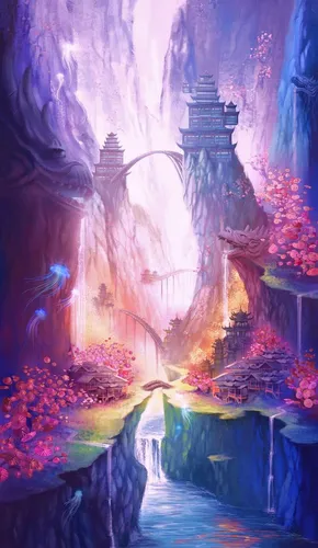 Фентези Обои на телефон картина с изображением моста с цветами