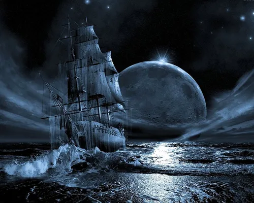 Фентези Обои на телефон корабль в воде с полной луной на заднем плане