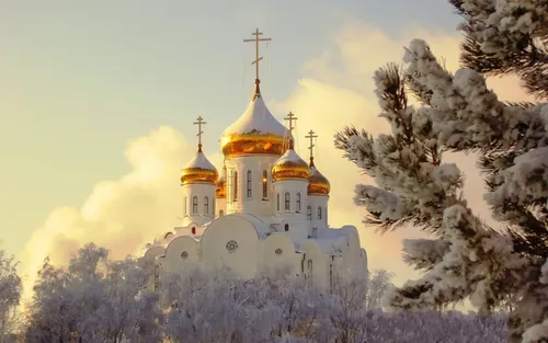 Православные Обои на телефон белое здание с золотой купольной крышей, окруженное снегом