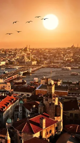 Турция Обои на телефон город с рекой и лодками