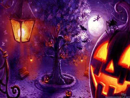 Хэллоуинские Обои на телефон стена с деревом и огнями