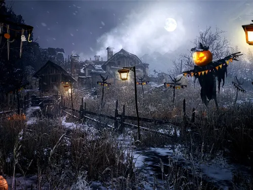 Хэллоуинские Обои на телефон заснеженный двор с домами, забором и уличным фонарем