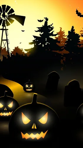Хэллоуинские Обои на телефон группа фонарей jack-o-lantern перед закатом