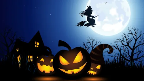 Хэллоуинские Обои на телефон тыква с домиком и луной на заднем плане