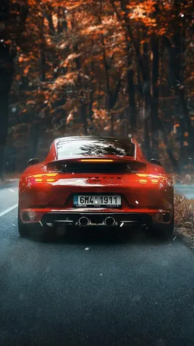 Porsche Обои на телефон красный автомобиль на дороге с деревьями по обе стороны