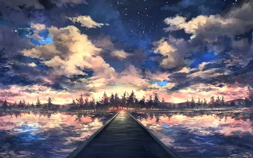 Аниме Картинки Обои на телефон мост через воду с закатом на заднем плане