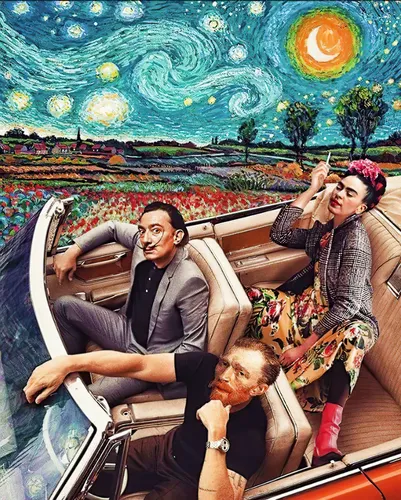 Сальвадор Дали, Фрида Кало, Ван Гог Обои на телефон мужчина и женщина сидят на диване с картиной позади