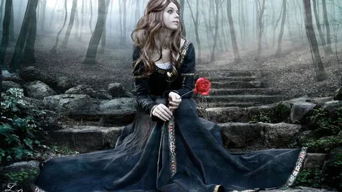 Готические Обои на телефон человек в черном платье держит красную розу в лесу