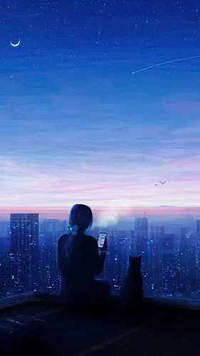 Грустные Аниме Обои на телефон человек, сидящий на балконе и смотрящий на город ночью