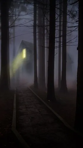 Жуткие Обои на телефон туманный лес ночью
