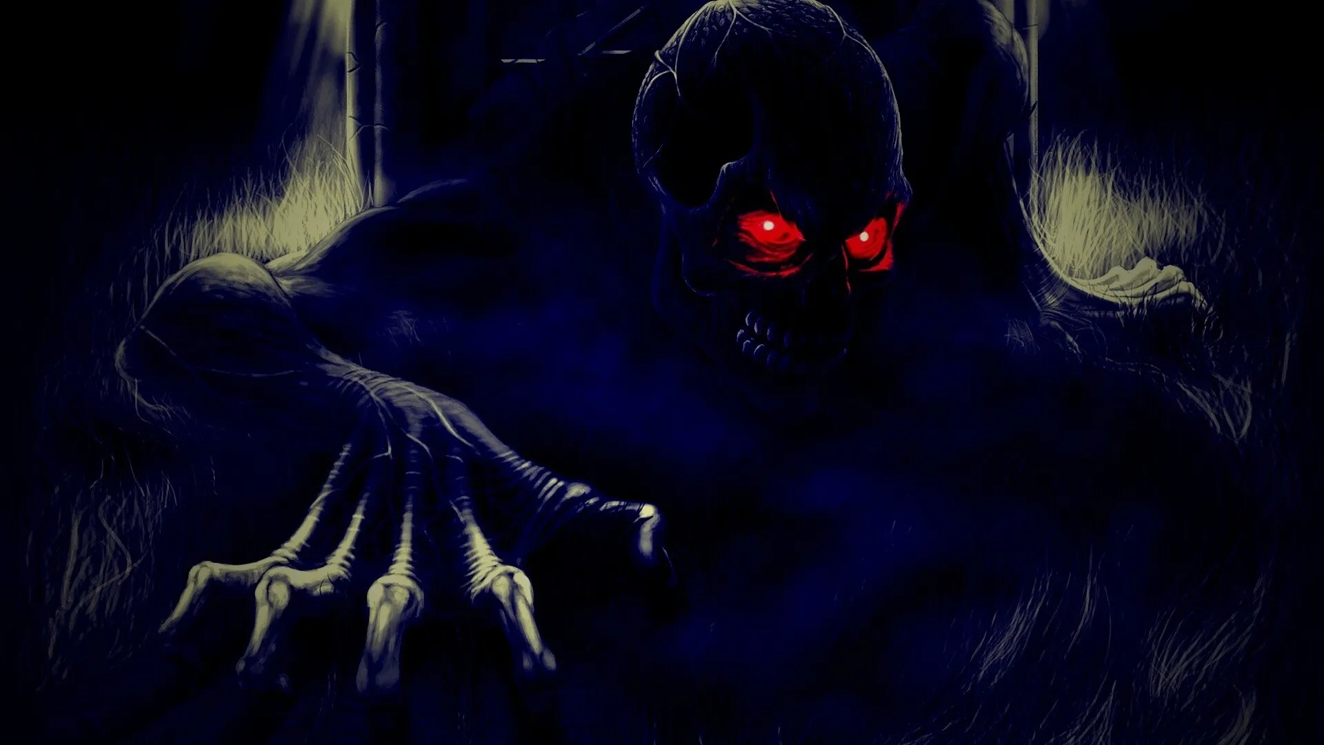 Выбраться из кошмара. Чёрное существо с красными глазами. Страшные обои на рабочий стол.