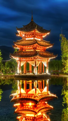 Корея Обои на телефон пагода с огнями ночью