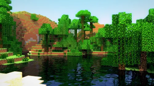 Майнкрафт Обои на телефон пруд с деревьями и здание на заднем плане