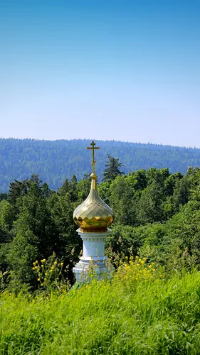 Церковь Обои на телефон здание с золотым куполом и крестом на вершине, окруженное деревьями