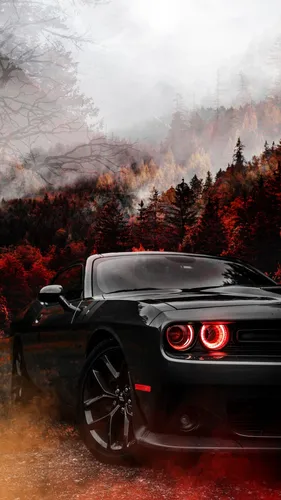 Dodge Challenger Обои на телефон черный автомобиль на грунтовой дороге с деревьями и пожаром на заднем плане