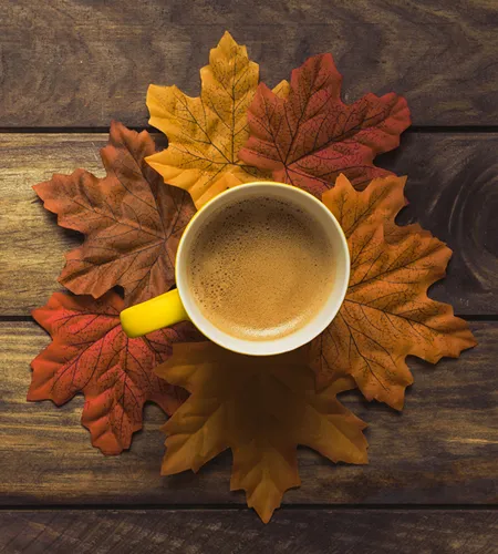 Осенние Обои на телефон чашка кофе с листьями на боку