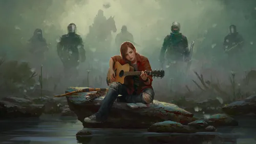 The Last Of Us Обои на телефон человек, сидящий на скале, играет на гитаре перед группой солдат