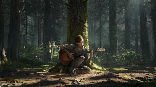 The Last Of Us Обои на телефон мужчина, сидящий в лесу, играет на гитаре