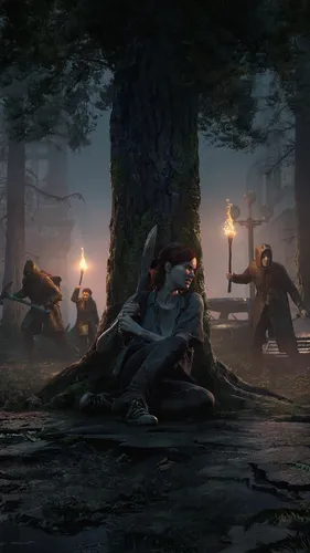 The Last Of Us Обои на телефон человек, сидящий под деревом с группой людей на заднем плане