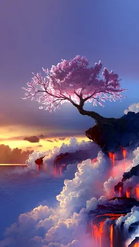 Красивое Фото Обои на телефон дерево с розовыми листьями