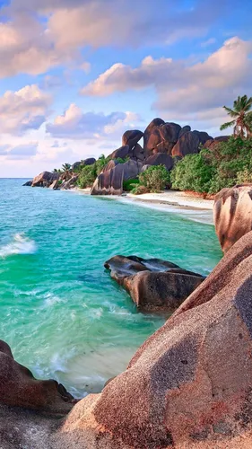 Красивое Фото Обои на телефон каменистый пляж с водоемом и деревьями