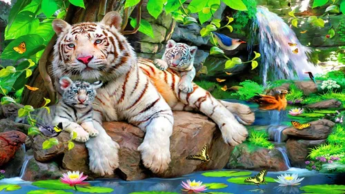 Живые Животные Обои на телефон группа тигров, играющих с тигренком