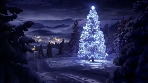 Новогодние 4К Обои на телефон снежный пейзаж с деревьями и светом вдалеке
