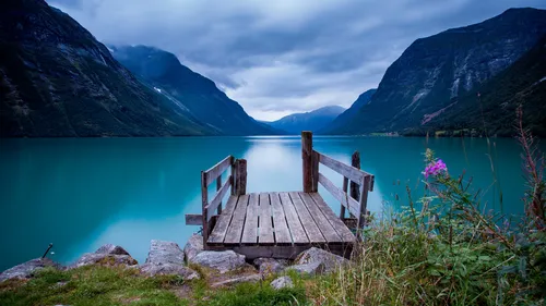 Норвегия Обои на телефон деревянная скамейка с видом на озеро