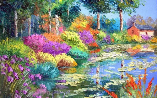 Картины Обои на телефон пруд с разноцветными цветами и деревьями