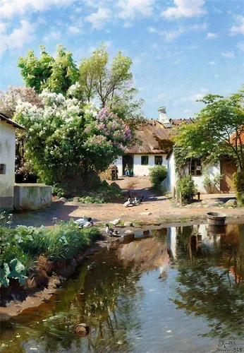 Картины Обои на телефон пруд с домиком и деревьями вокруг него