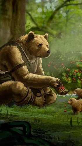 Медведь Обои на телефон медведь, лежащий на траве у пруда