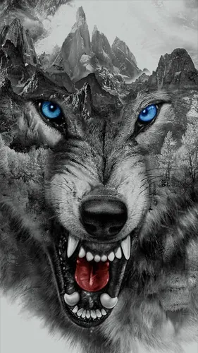 С Волком Обои на телефон черно-белая фотография льва с голубыми глазами и большим ртом